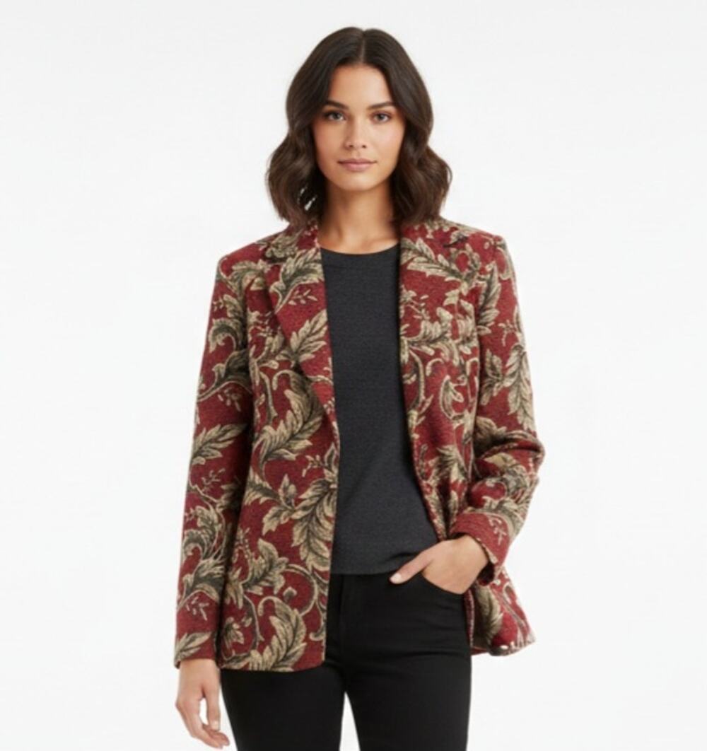 First Option Vintage 90s Red Gold Funky Floral Paisley Brocade Blazer, X-Large